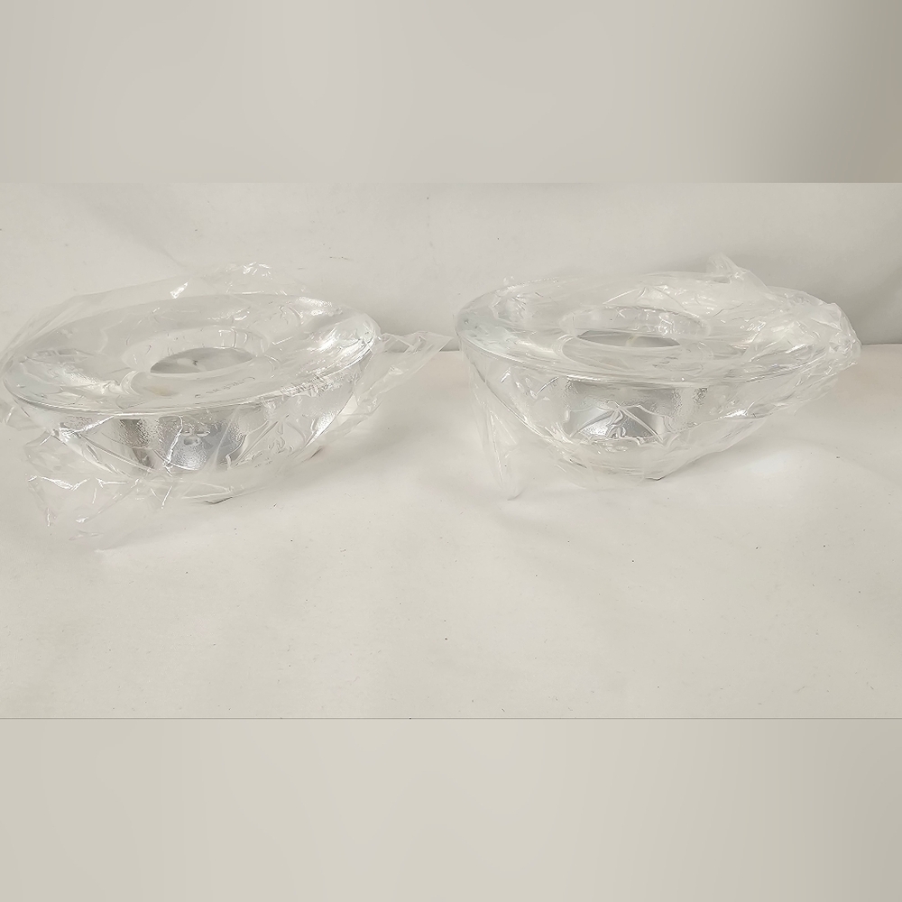 ​Set of 2 Orrefors Sweden HollyDay Clear Crystal Holly Berry Votive Holders NIB